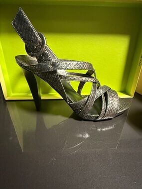 Textured Black Strappy High Heel Sandal - Women